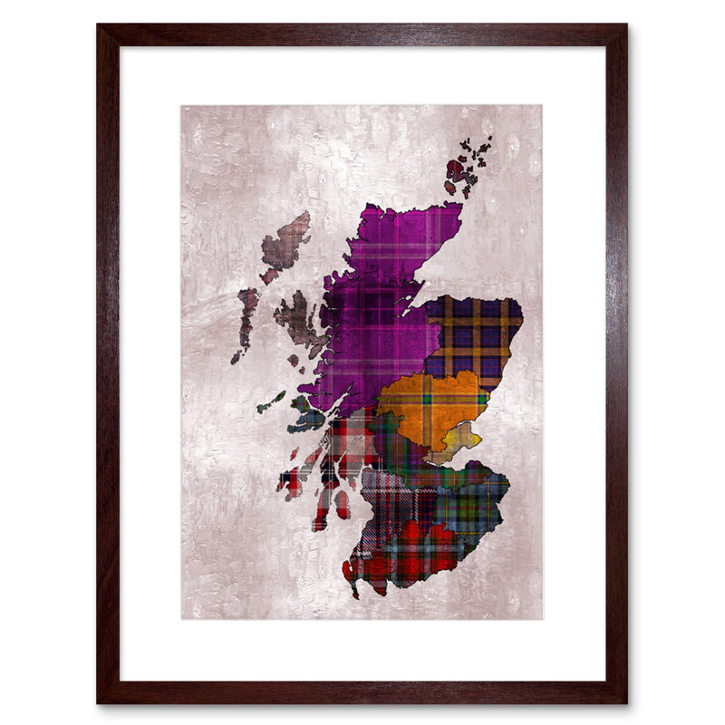 Painting Map Outline Scotland Tartan Inset Regions - Single Picture Frame Print, Brown, 49.9cm H x 35.6cm W x 3.5cm D