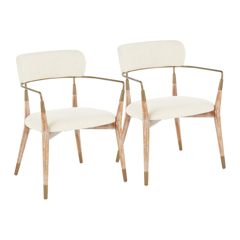 Chaise contemporaine en bois délavé blanc et tissu crème avec accent cuivre - ensemble de 2