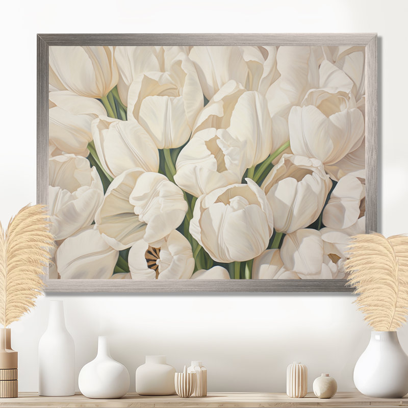 Minimalisme beige tulipes symphonie III - tulipes, Cadre simple argenté, H 24 po x l 32 po x P 1 po