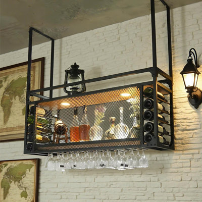 Wall Mounted Wine Rack With LED Light, Hanging Wine Bottle Holder Ceiling, 2-Layer Liquor Bottle And Glass Holder Display Storage,For Home Kitchen Din Ing Room Living Room (31.49In/80Cm)