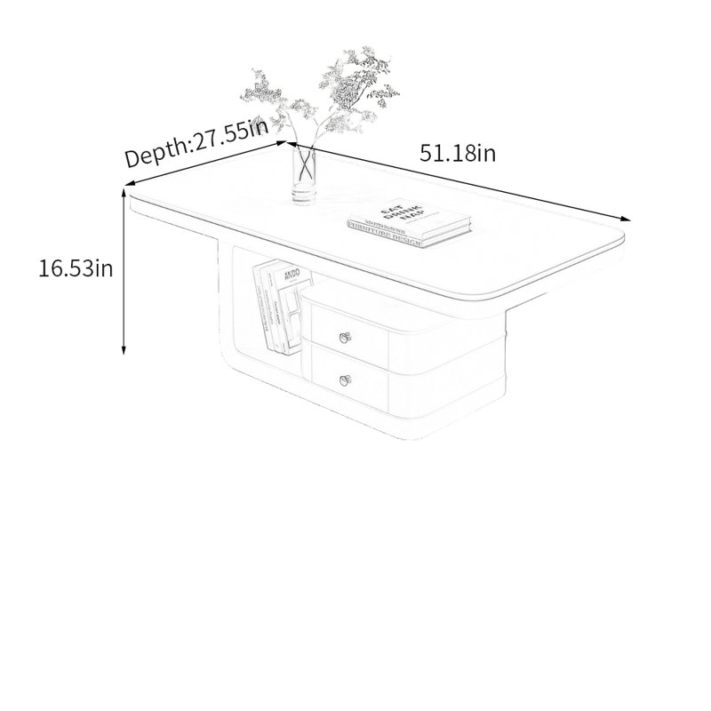 Luxury Slate Top Silent Drawer Coffee Table, White, Black, 16.53" H x 51.18" L x 27.55" W