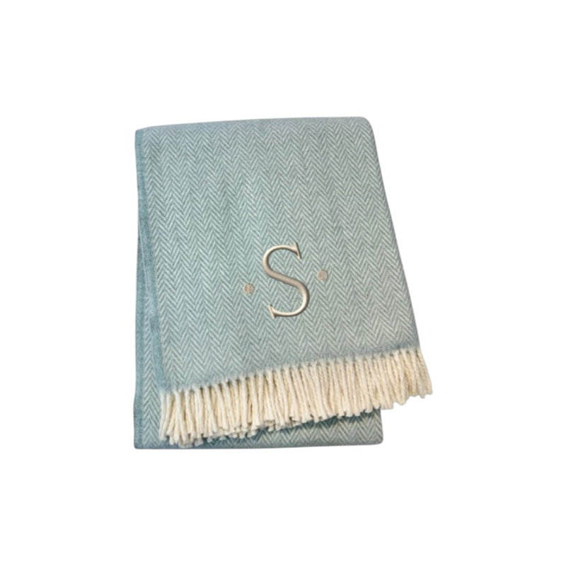 Jeté 55 "x 70" à chevrons en mélange de coton bleu ciel et blanc avec pompons et broderies