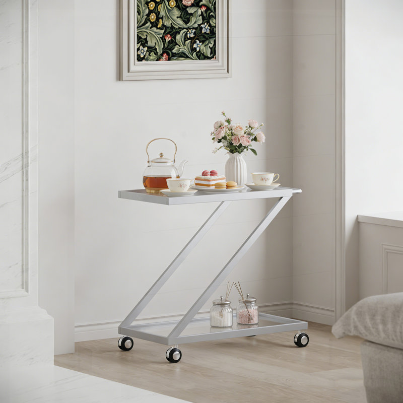 Modern Bar Cart with Tempered Glass Shelves, Z-Frame Design, and Lockable Rolling Casters for Stylish Functionality.