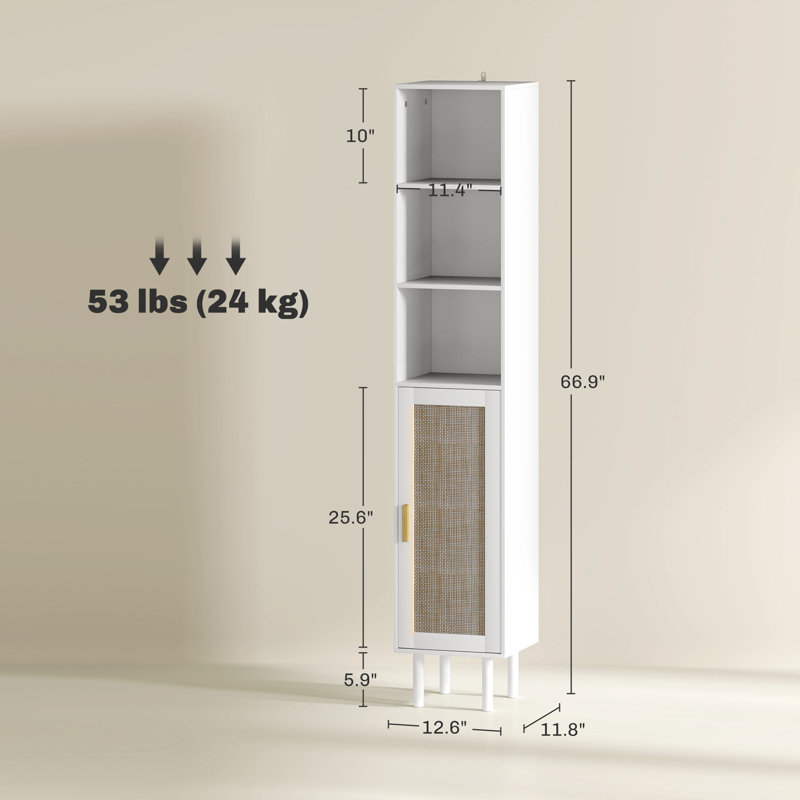 Tall Bathroom Cabinet With Rattan Doors, Freestanding Bathroom Storage Cabinet With Adjustable Shelves, White, White
