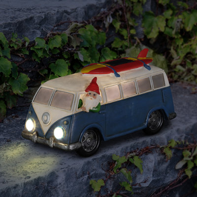 Old Fashioned Transportation Gnome Retro Van with LED Headlights and Surfboard Garden Statue