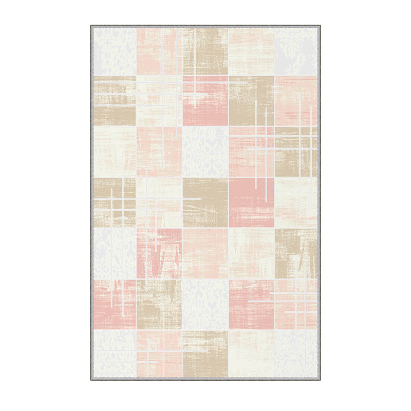 Tapis à carreaux en polyester fabriqué à la machine en rose / beige, Rectangle 3 pi 3 po x 4 pi 11 po