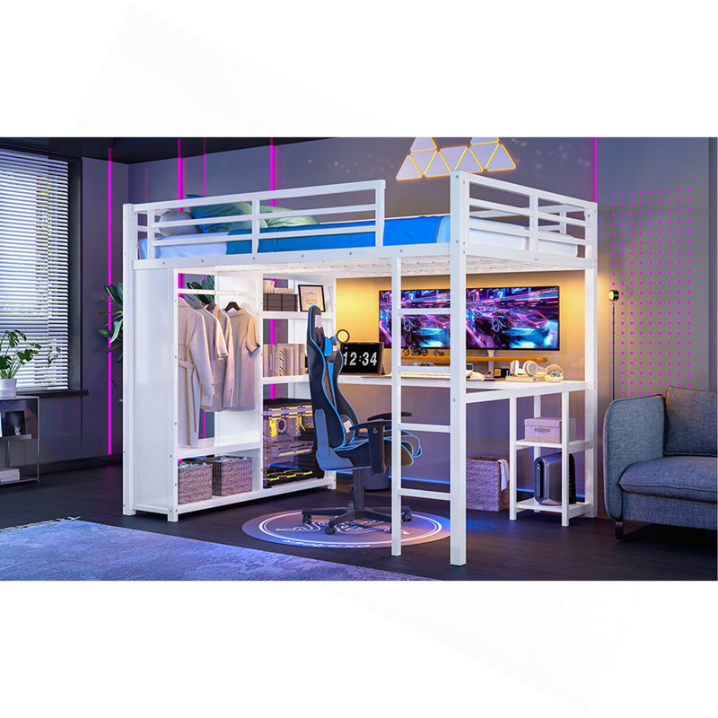 Loft Bed Frame With Built-In Wardrobe, Metal Loft Bed With Desk And Storage Shelves, White