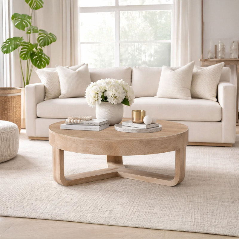 Table basse Milan, plateau rond 32 pouces, bois de manguier avec brun naturel sablé, base ouverte