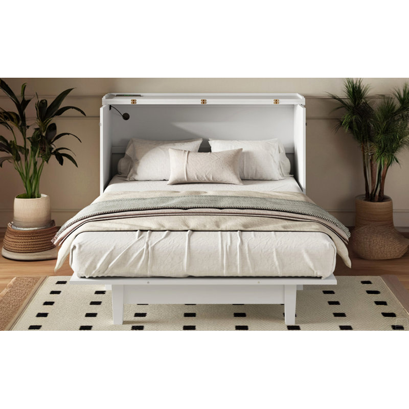 Lit double armoire en bois de pin massif avec station de charge et grand tiroir de rangement, Lit double, Blanc