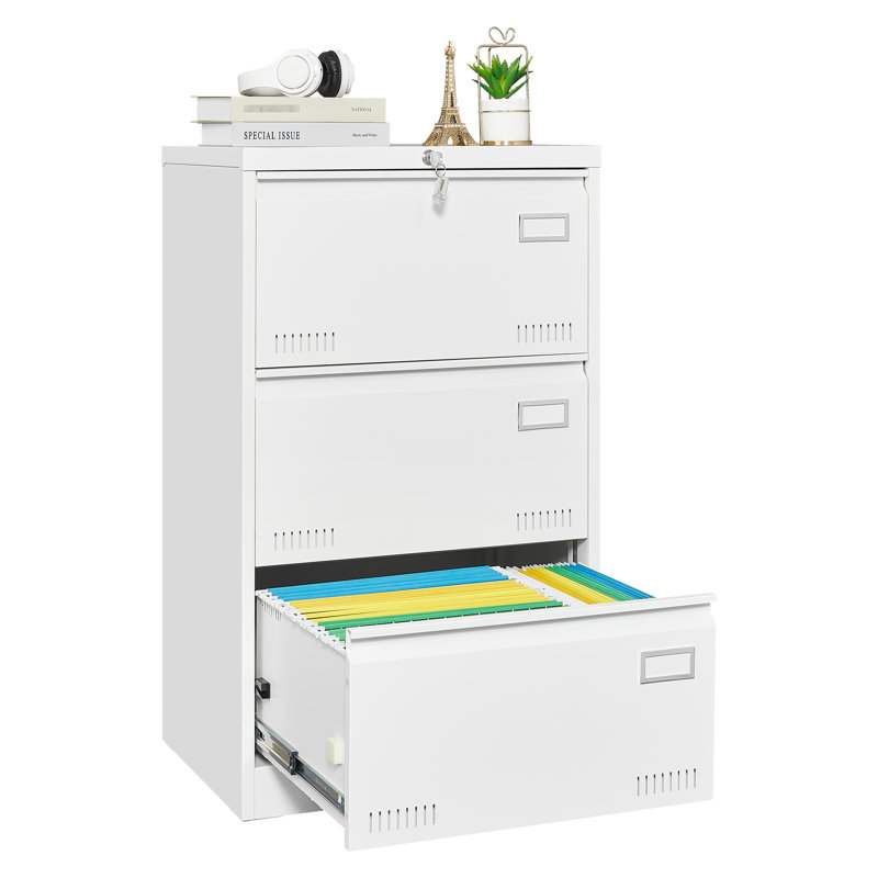 Classeur en métal à 3 tiroirs en métal blanc avec serrure pour un rangement sécurisé et simplifié des dossiers de bureau