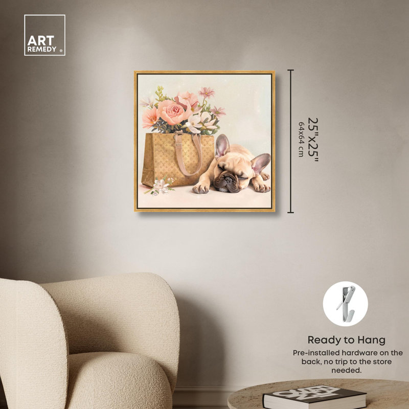 Art sur toile Sleepy Frenchie, Cadre flottant doré, H 25 po x l 25 po x P 1,8 po