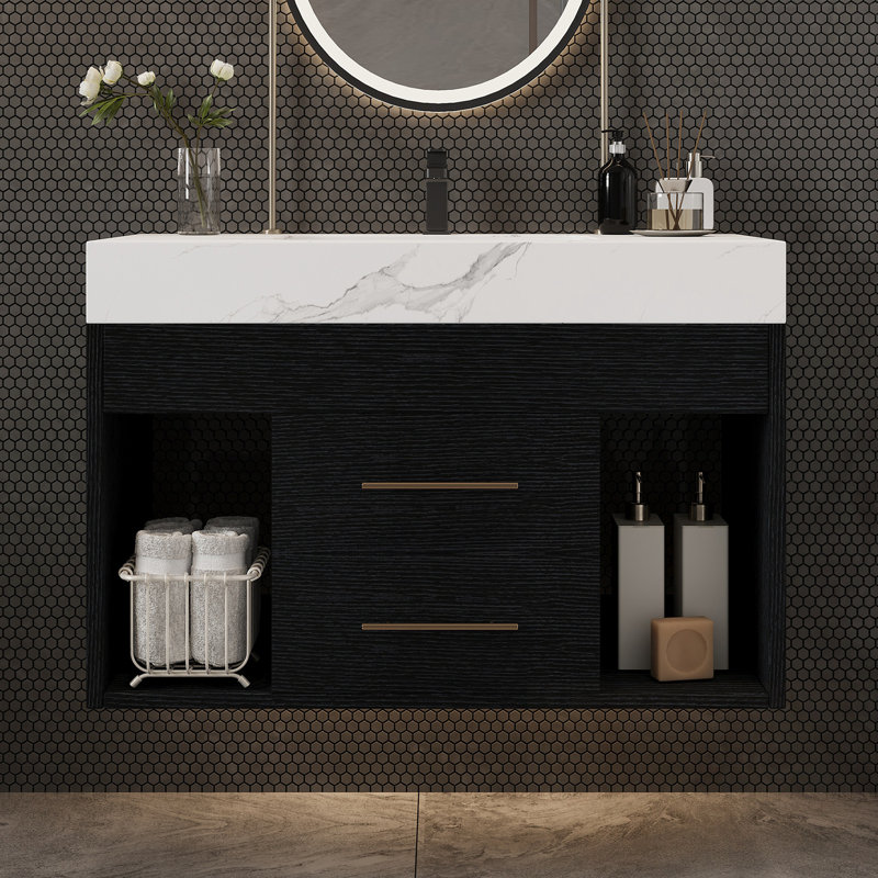 Meuble-lavabo mural avec lavabo, 2 tiroirs et tablette ouverte, Noir