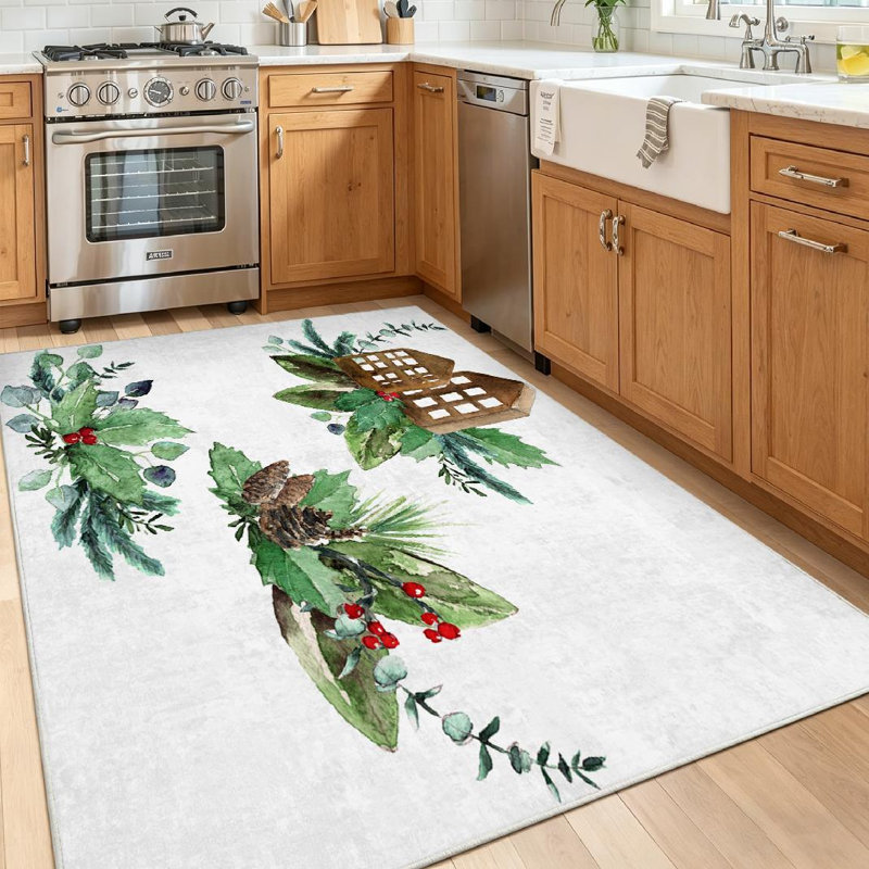 Tapis rouge lavable à la machine, branches de Noël et feuilles d'intérieur, Rectangle 39 po x 63 po