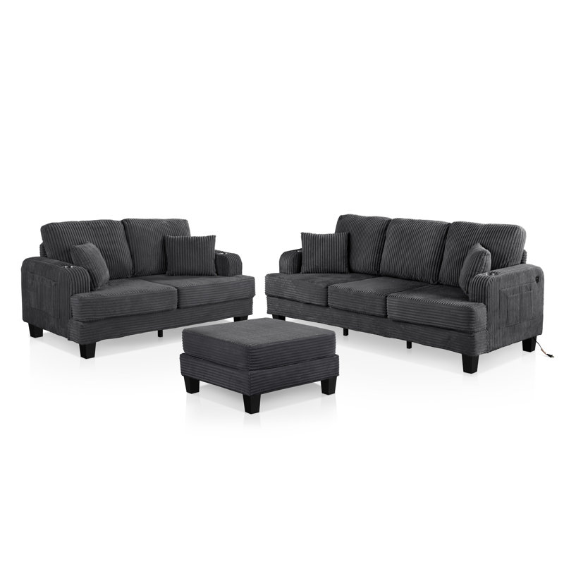 Luka 2-Piece Chenille Sofa Set, 3 Pcs: Sofa, Loveseat, Chair, Dark Gray