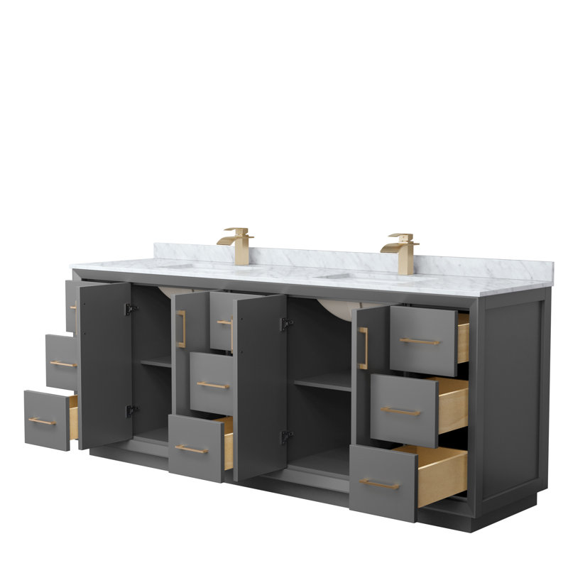 Ensemble de meuble-lavabo double 84 po Strada_ Marbre de Carrare blanc, Gris foncé, Brun