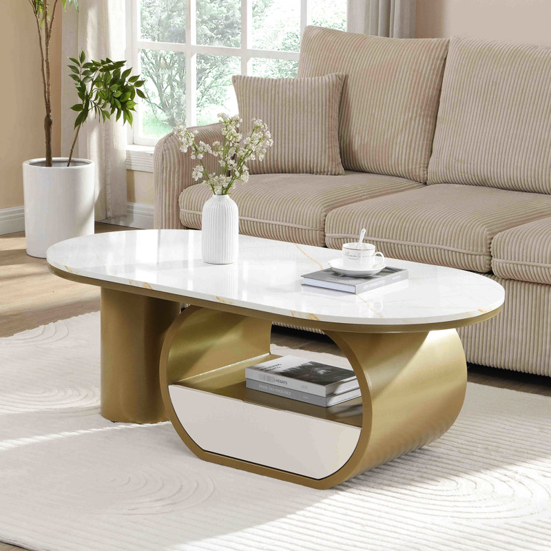 Table basse de luxe 47,18 po avec tiroir de rangement, conception ovale, plateau en faux marbre, métal doré pour le salon, fabrication, pieds réglables, ensemble sécuritaire