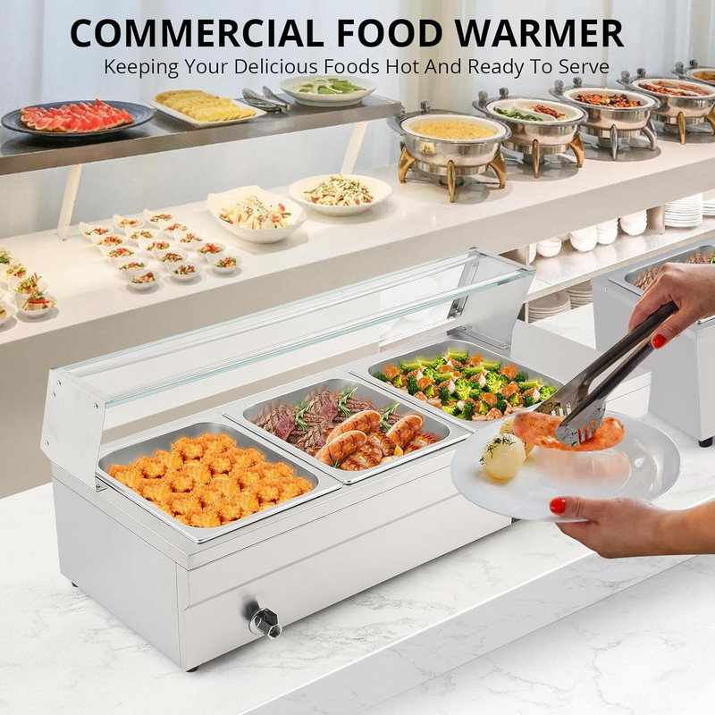 Chauffe-buffet commercial avec 3 plaques de 12 pte, table à vapeur électrique de 1 500 W avec couvercles en verre 86-185 ° F