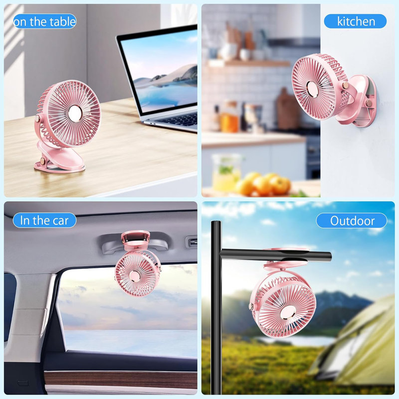 Ventilateur de bureau à pince avec lumières et ventilateur USB portatif à 5 niveaux, Rose