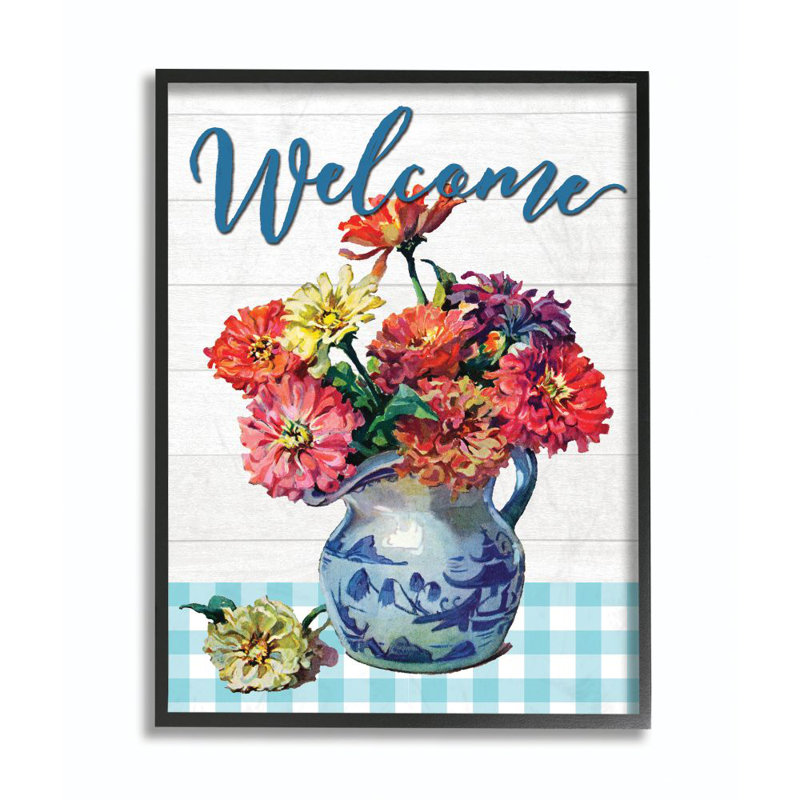 « welcome fleur pot blue écossais rustique », impression, H 24 po x l 30 po, Giclée encadrée noir minuit
