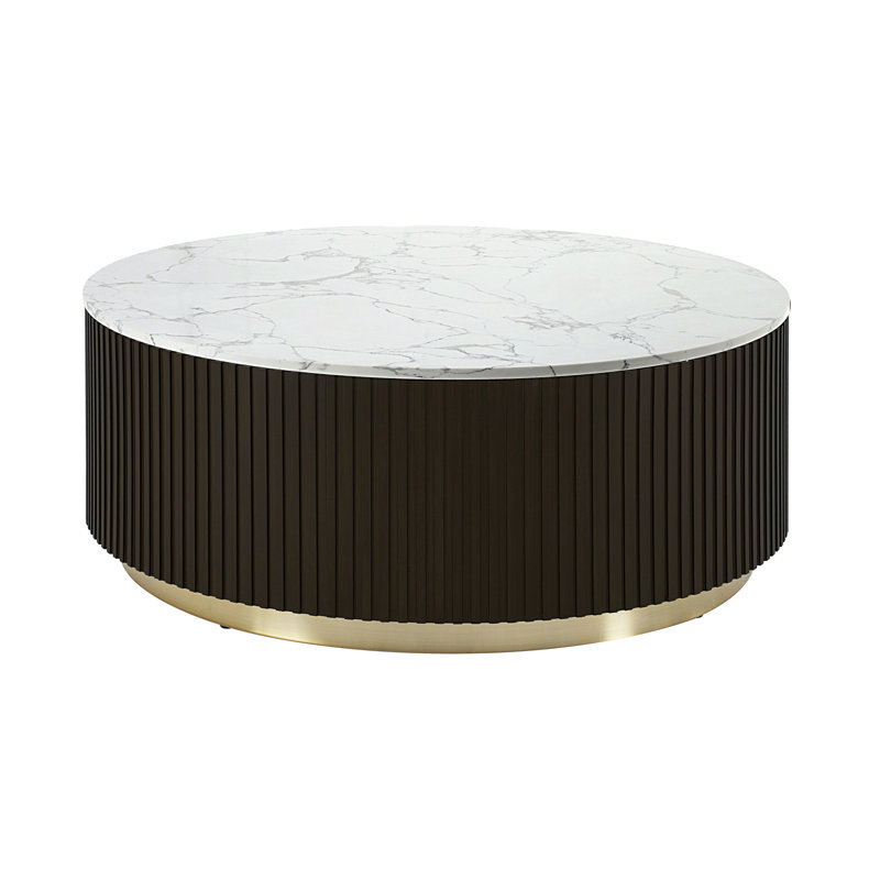 Clayten Round White Marble and Espresso Wood Coffee Table
