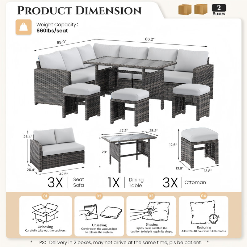 6 - Person Modular Patio Conversation Set with Cushions, Gray Frame/Light Gray Cushion
