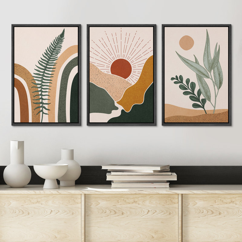 Mid Century Modern Boho Sun Forest Plant - 3 Piece Floater Frame Graphic Art Set on Canvas, Black, 24" H x 48" W x 1.5" D