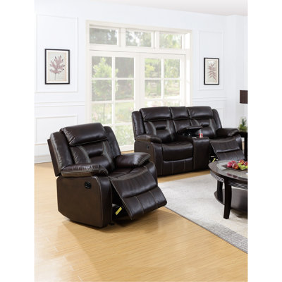 Meuble de salon 2 pièces brun foncé avec sièges rembourrés, accoudoirs coussinés et porte-gobelet dissimulé pour fauteuil inclinable moderne, support et coussin