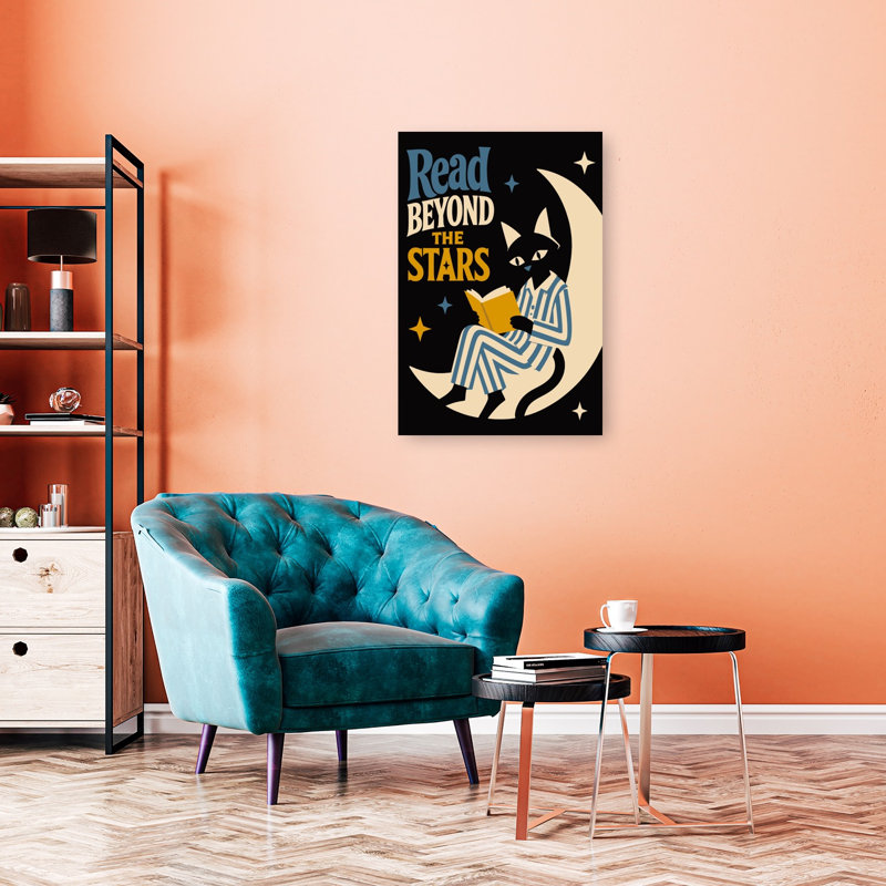 Cozy Cat Beyond Stars Peaceful Retro Whimsical Cat Landscape Nature Wall Art Print 1 Piece Wrapped Canvas Wall Art