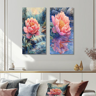 Pivoines et la rivière de montagne III - Art mural floral 2 pièces