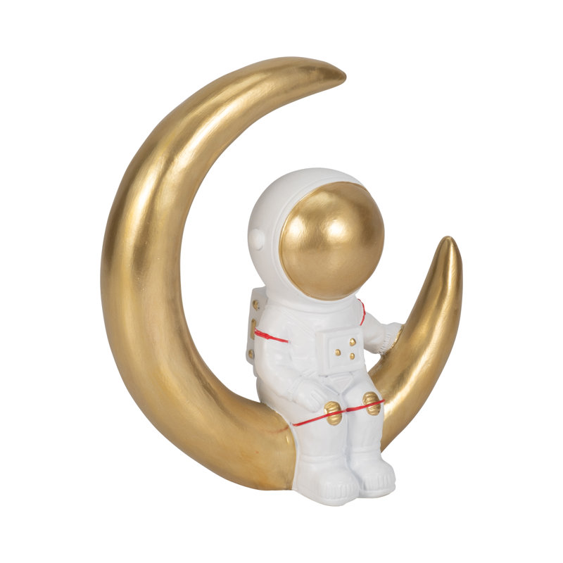 Matteen Astronaut Figurine Resin Polyresin Crescent Moon Design Metallic Red Accents Glam Decor for Home Office Bedroom Living Room Tabletop or Shelf Display - 7" White & Gold