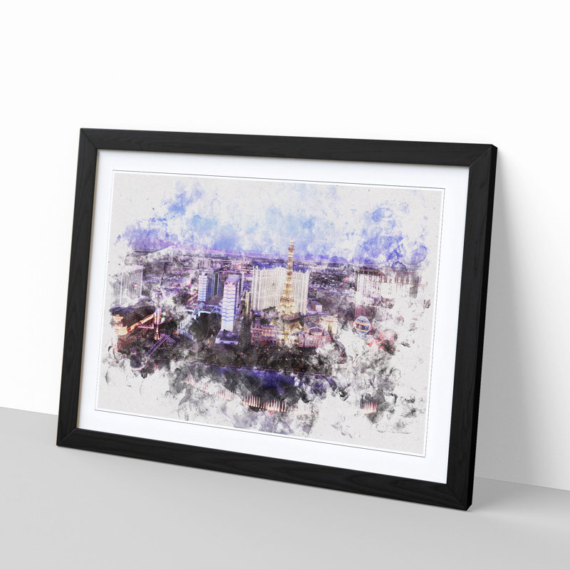 The Las Vegas Strip & Skyline in Nevada Watercolour - Picture Frame Graphic Art Print, 36cm H x 48cm W x 2cm D, Black Framed