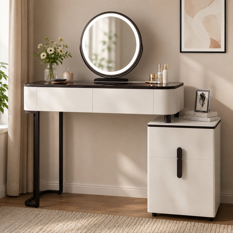 Vanity Desk With Led Lighted Mirror, Makeup Table with 4 Drawers, Dresser Table for Bedroom, White and Black（small）