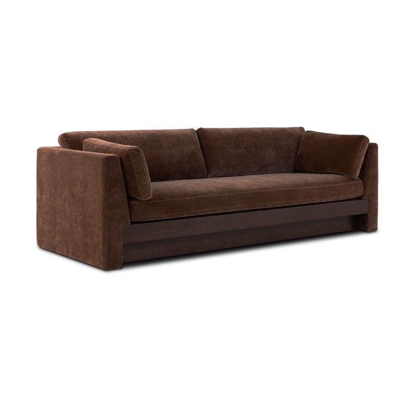 Canapé en chenille en tissu 99 po Geneva avec base en bois massif au fini noyer, Bronzer Brown