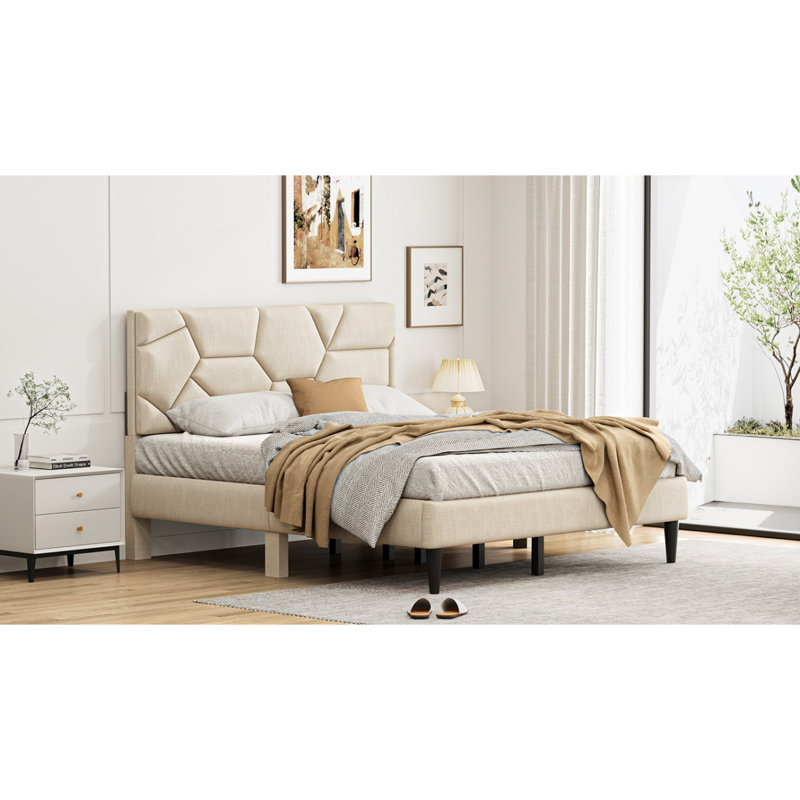 Linen Fabric Bed Frame, Queen, Beige