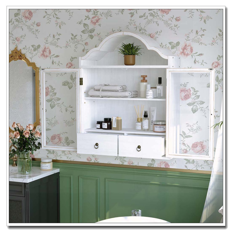 Solid Wood Wall Cabinet with Elegant Wave, White
