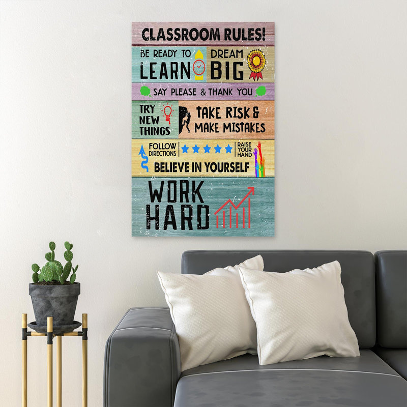 Classroom Rules - Be Ready To Apprendre - 1 pièce, reproduction d'art graphique sur toile tendue, H 14 po x l 11 po x P 2 po