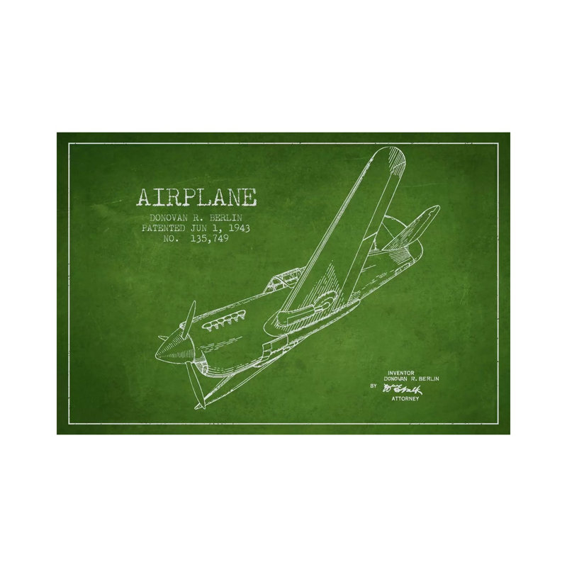 Plane Green Patent Blueprint - Wrapped Canvas Print, 20.32 cm H x 30.48 cm W