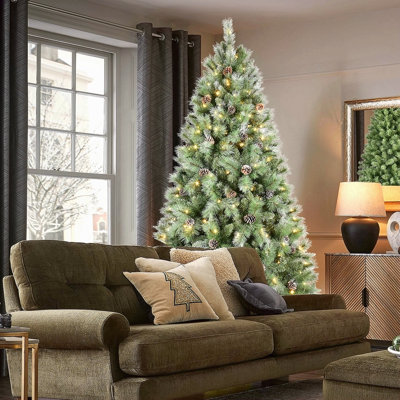 Arbre de Noël 6 pi avec 300 lumières DEL blanc chaud - 988 pointes en PVC et aiguilles dures, 66 pommes de pin, conception à branches articulées, support en métal robuste - arbre de Noël réaliste