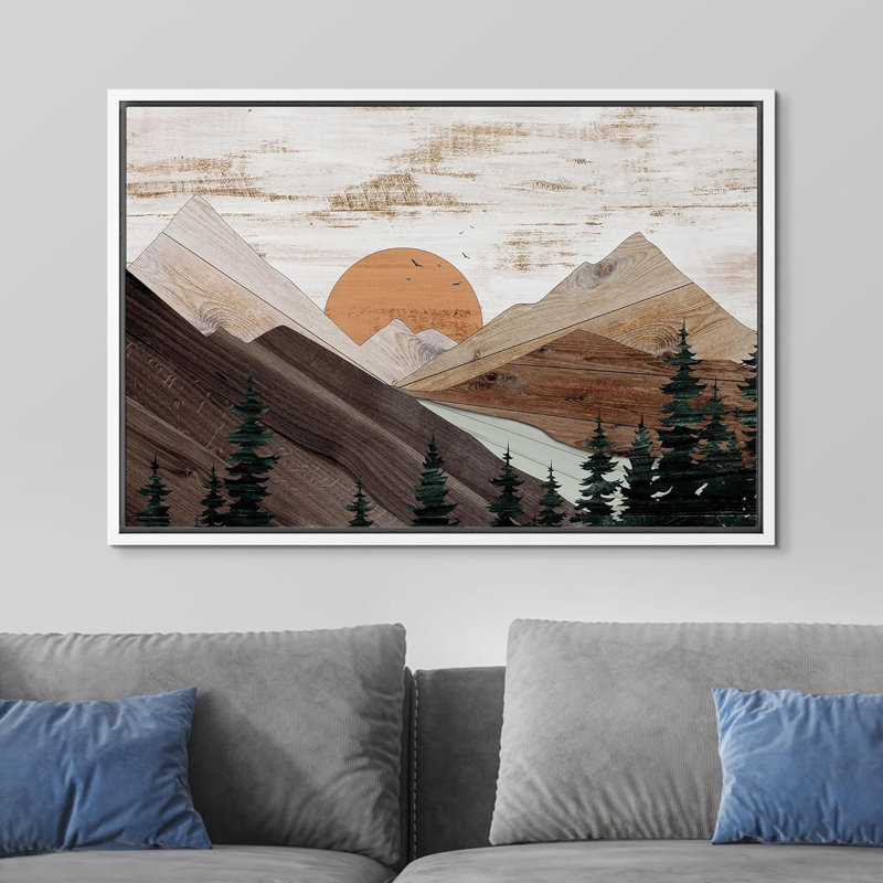 Rustic Brown Mountain Trees Nature Wood Effect Abstract Landscape Farmhouse Wall Decor Bedroom On Canvas Print