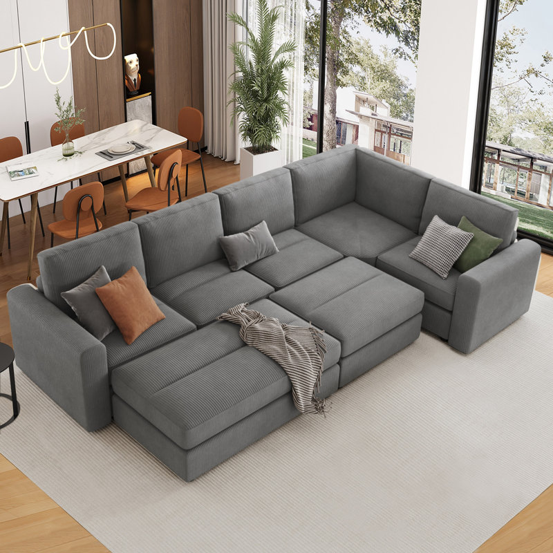 Canapé-lit modulaire 7 pièces avec repose-pieds Solenith, Velours côtelé gris