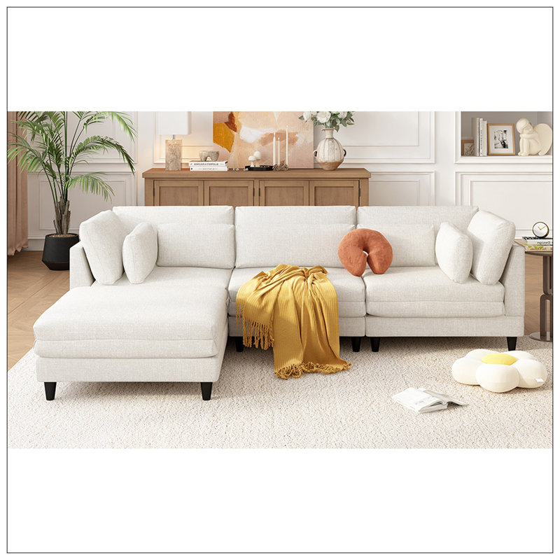 Modern Modular Sectional Sofa With Movable Ottoman, 110 Inch 4 Seat  Sofa Set With 5 Pillows, Unique Piping Stitch Design, Convertible L-Shaped Sofa For Living Room, Office & Spacious Rooms