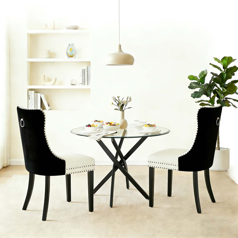 3-Piece Round Glass Table Set With Velvet Chairs – Metal Base, Seats 2