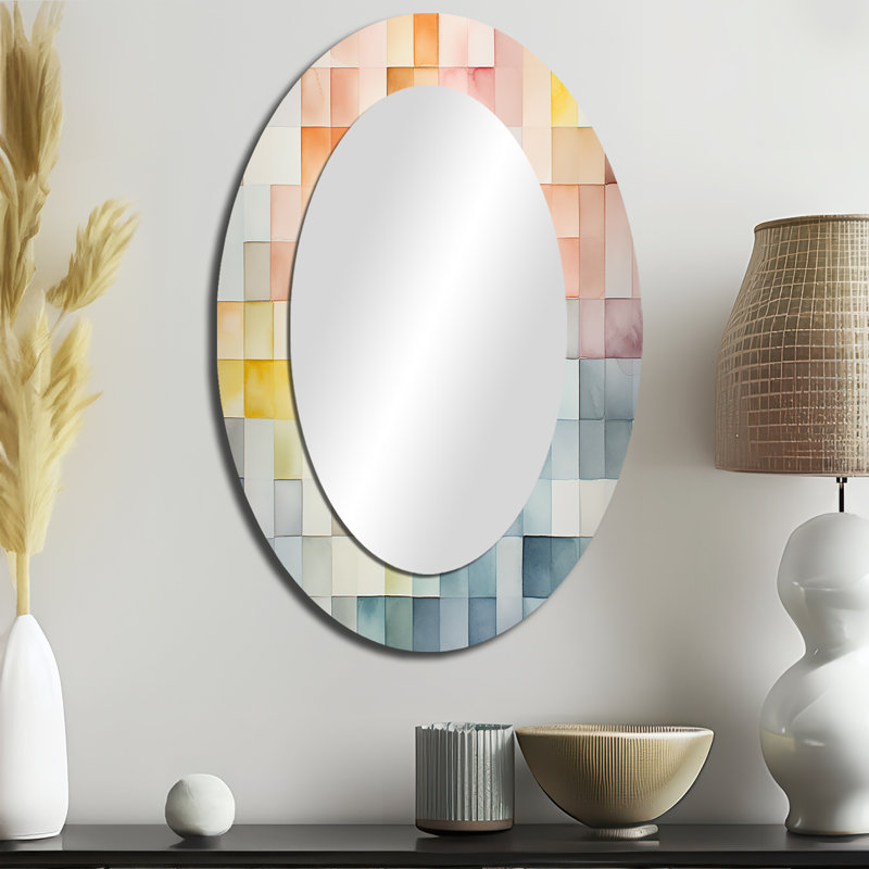 Multicolore cubes motifs II - Miroir mural ovale moderne multicolore, 36 po x 24 po