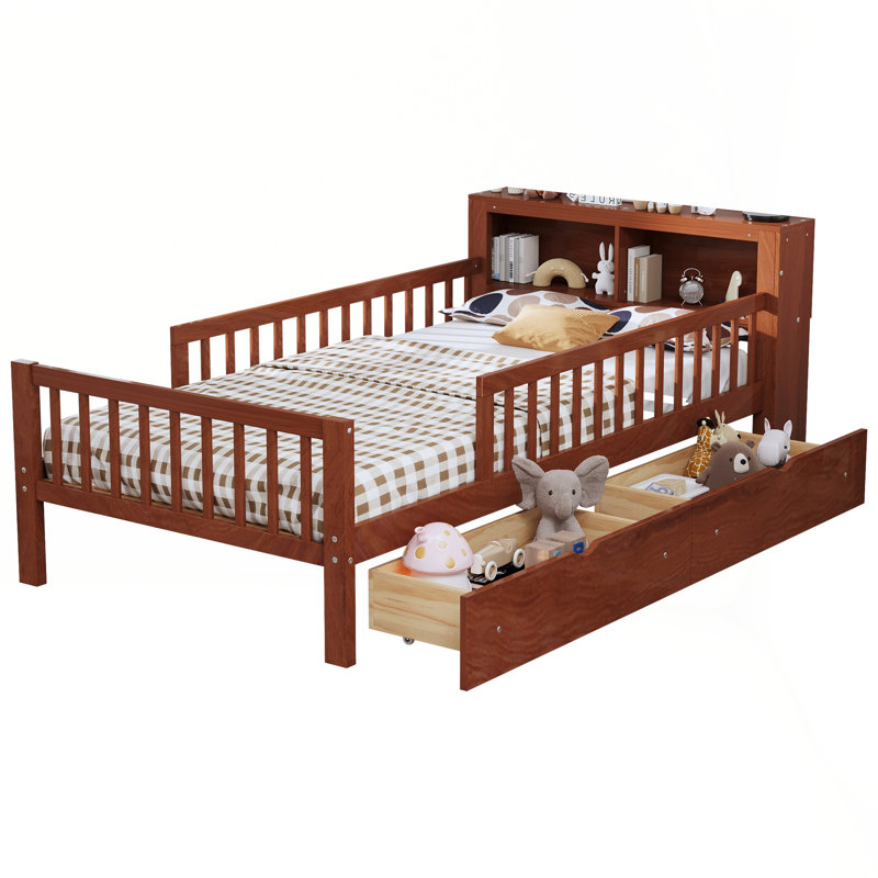 2 Drawers Bed With Bookcase Headboard And Guardrails, Walnut