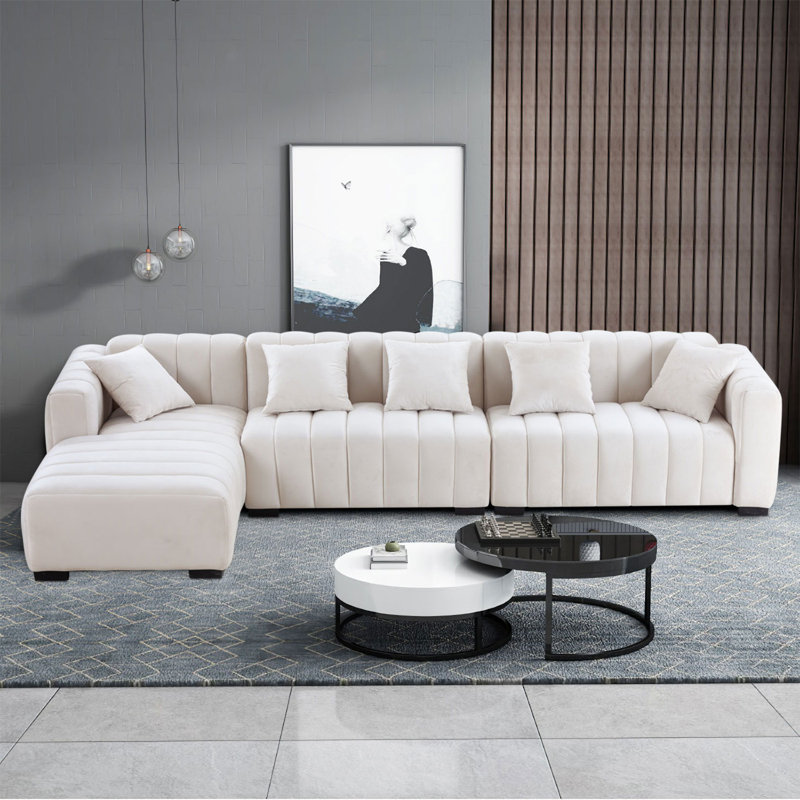 138.97" Wide Velvet Modular Sectional Sofa, Left Hand Facing, White Velvet