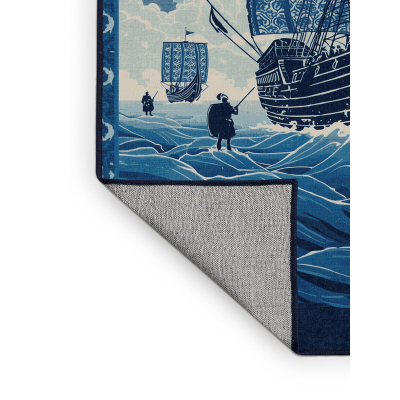 Tapis bleu marine délavé à la machine Rocco Viking, 7 x 10