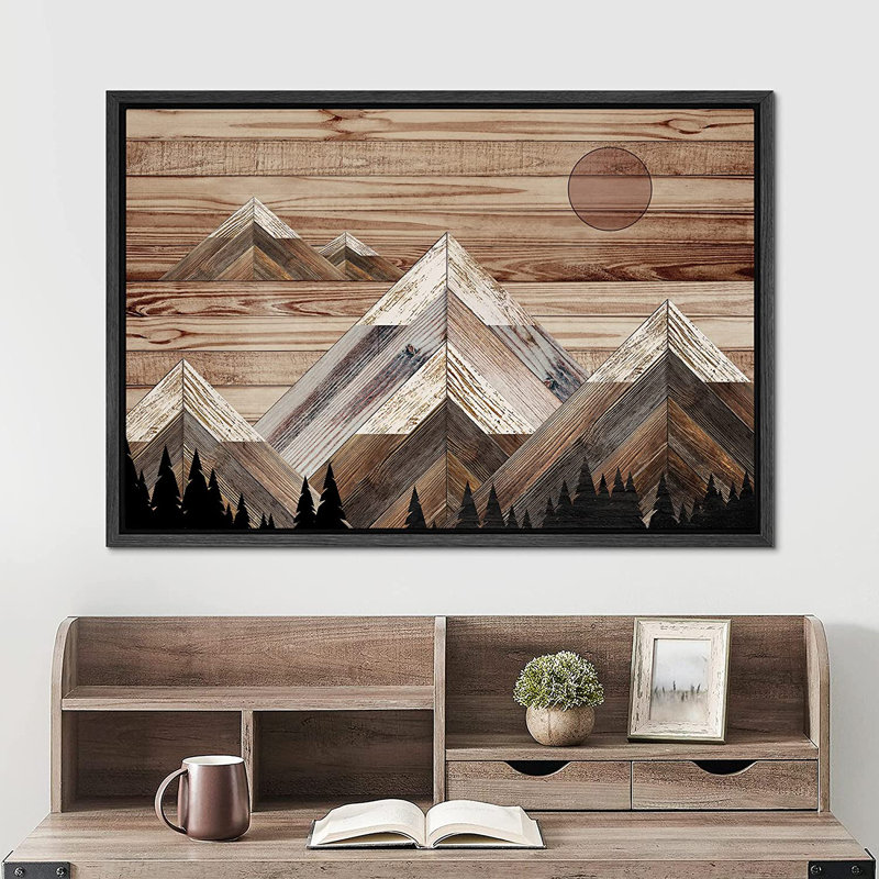 «Western Wood Effect Landscape Sunlight Snowy Mountain Range Sky Nature Wilderness - Floater Frame», impression sur toile