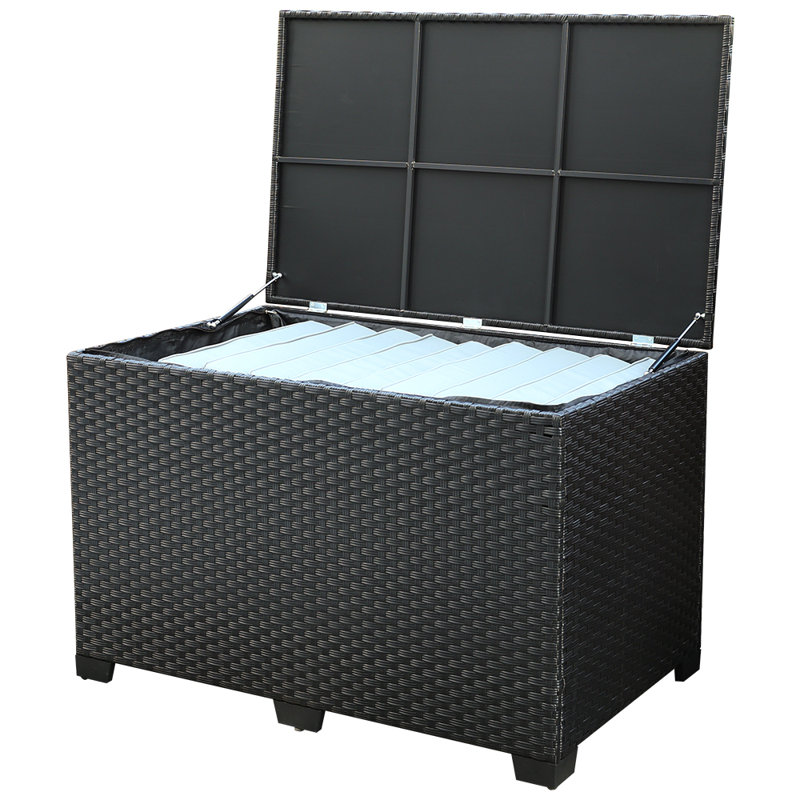 Rattaner Resistant Wicker Deck Box with Gas Spring Lid and Zippered Waterproof Inner Bag, Black, 29.7" H x 46.5" W x 28.3" D