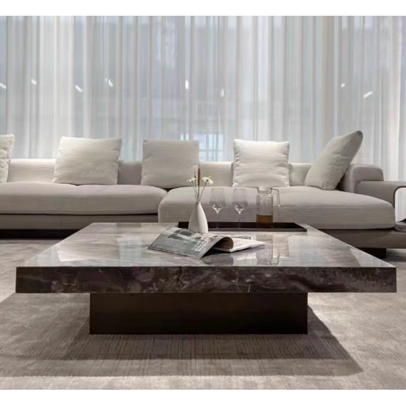 42" Square Faux Marble 2 Legs Modern Coffee Table, Black