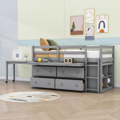 Lit mezzanine en bois 4 tiroirs avec bureau et tablettes Eli Kids